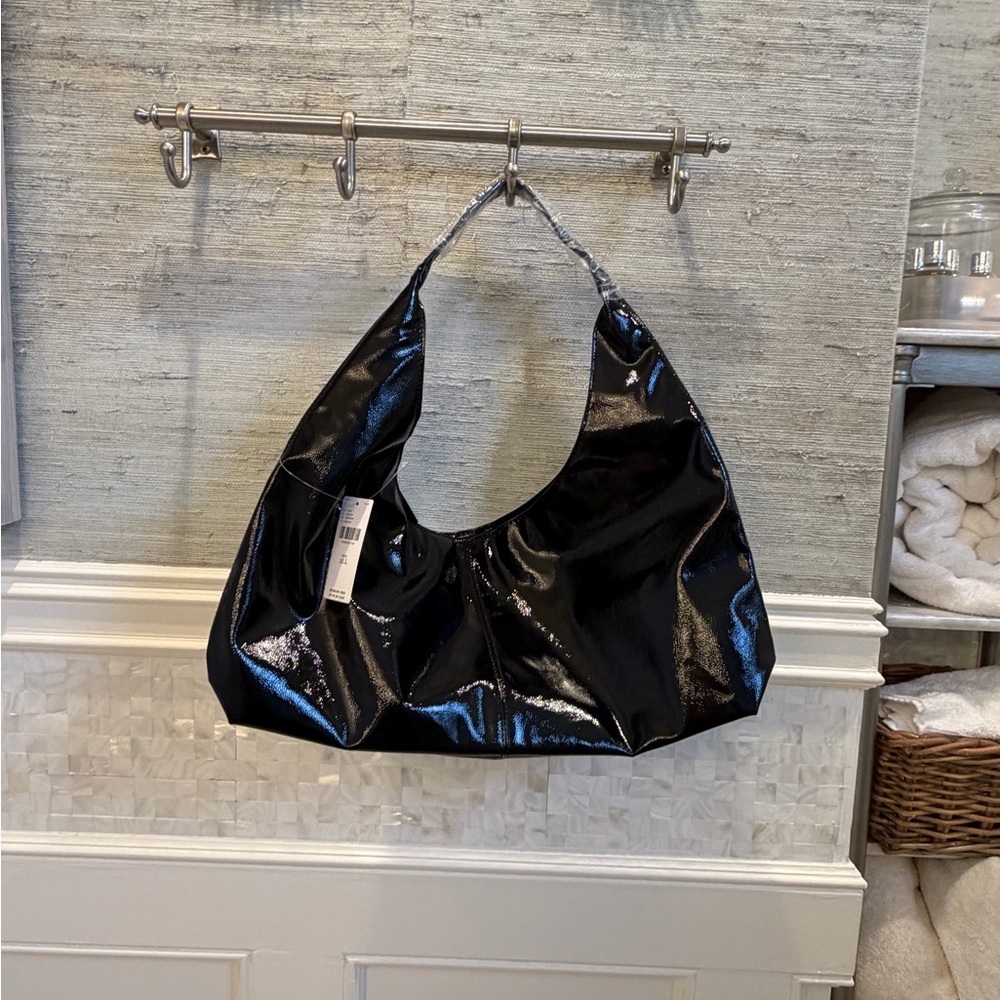 NWT new Anthropologie shiny faux patent leather tote bag purse black - Picture 3 of 16